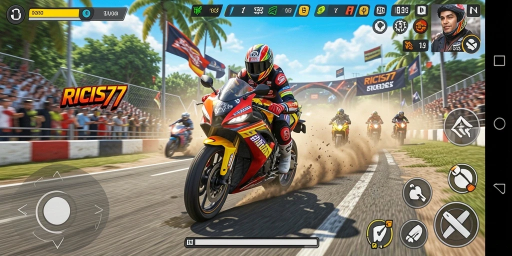 Tampilan gameplay seru dalam balapan motor RICIS77.