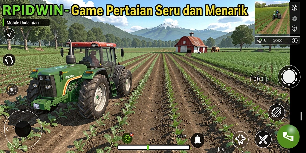 Tangkapan layar menunjukkan gameplay seru di RPIDWIN, dengan tanaman subur dan alat pertanian.